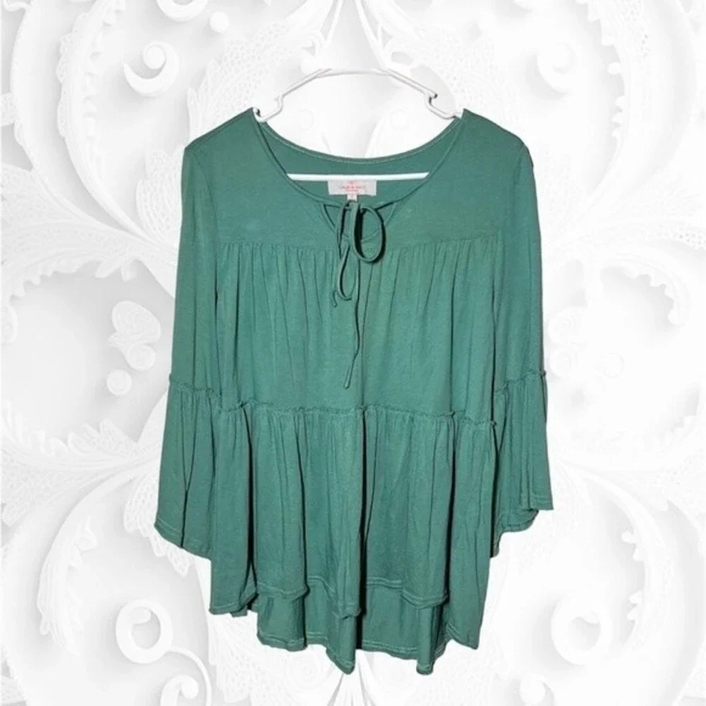 Green Laurie Felt Bohemian Knit Top Keyhole Neck Size M - Picture 2 of 4